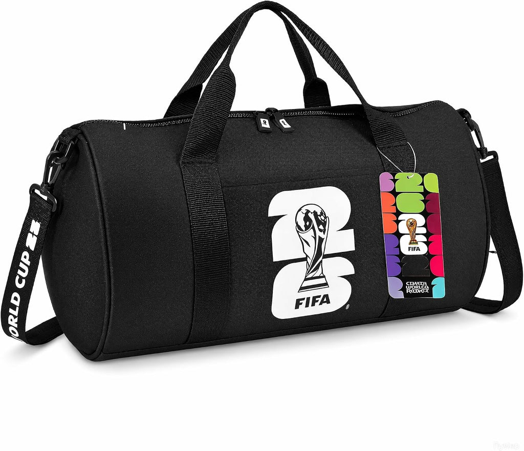 FIFA World Cup 2026 Officially Licensed Gym Bag for Men & Women, Duffle Bag for Travel/Sports/Workout, Multi-Compartment Sports Bag with Shoulder Strap, Durable, Black (World Cup Icon Design)