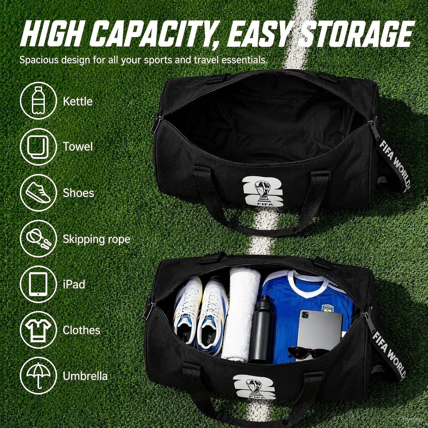 FIFA World Cup 2026 Officially Licensed Gym Bag for Men & Women, Duffle Bag for Travel/Sports/Workout, Multi-Compartment Sports Bag with Shoulder Strap, Durable, Black (World Cup Icon Design)