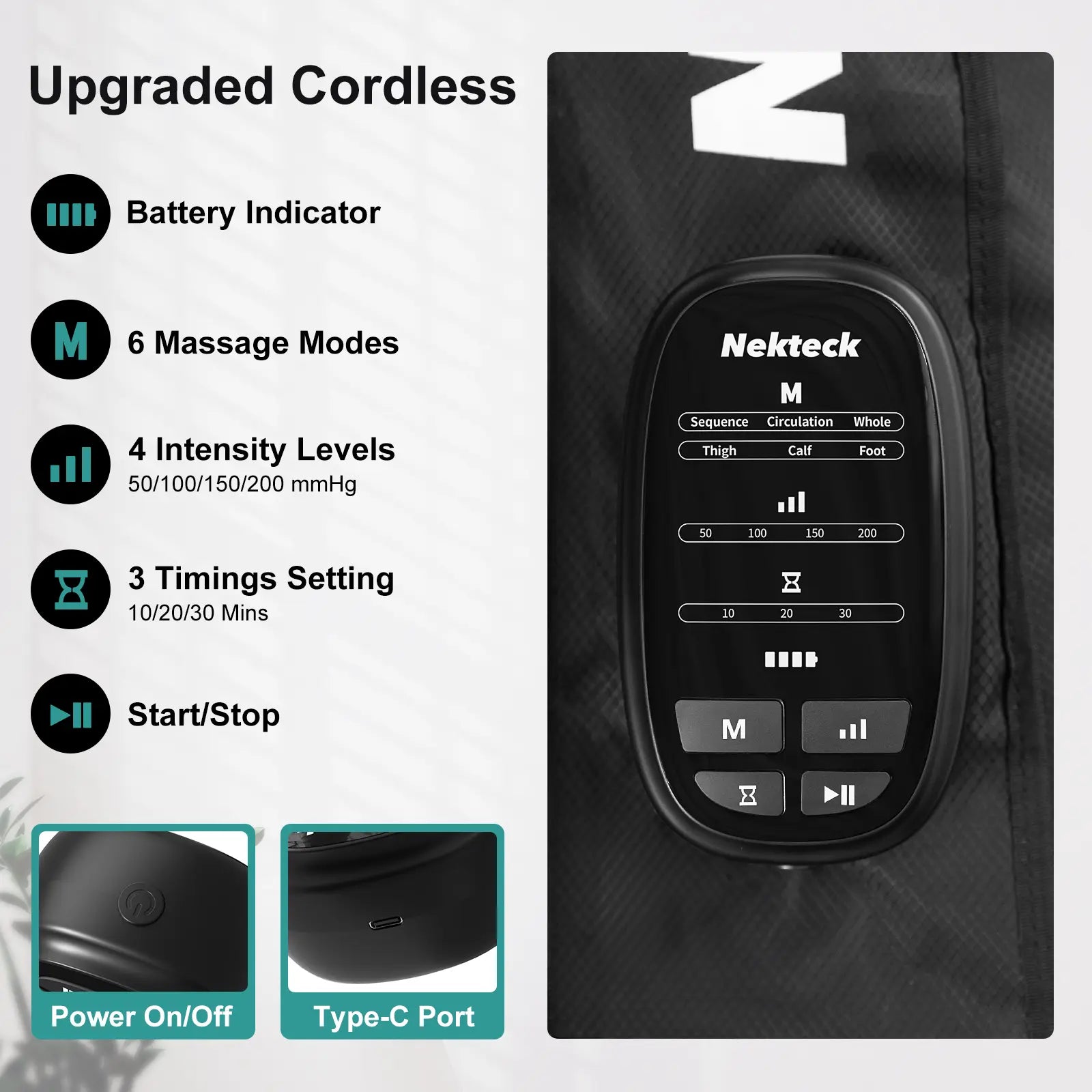 Nekteck Cordless Leg Massager Recovery System (Single Leg Only), Air Compression Massage, Full Leg Boots for Circulation and Pain Relief Comfort Daily