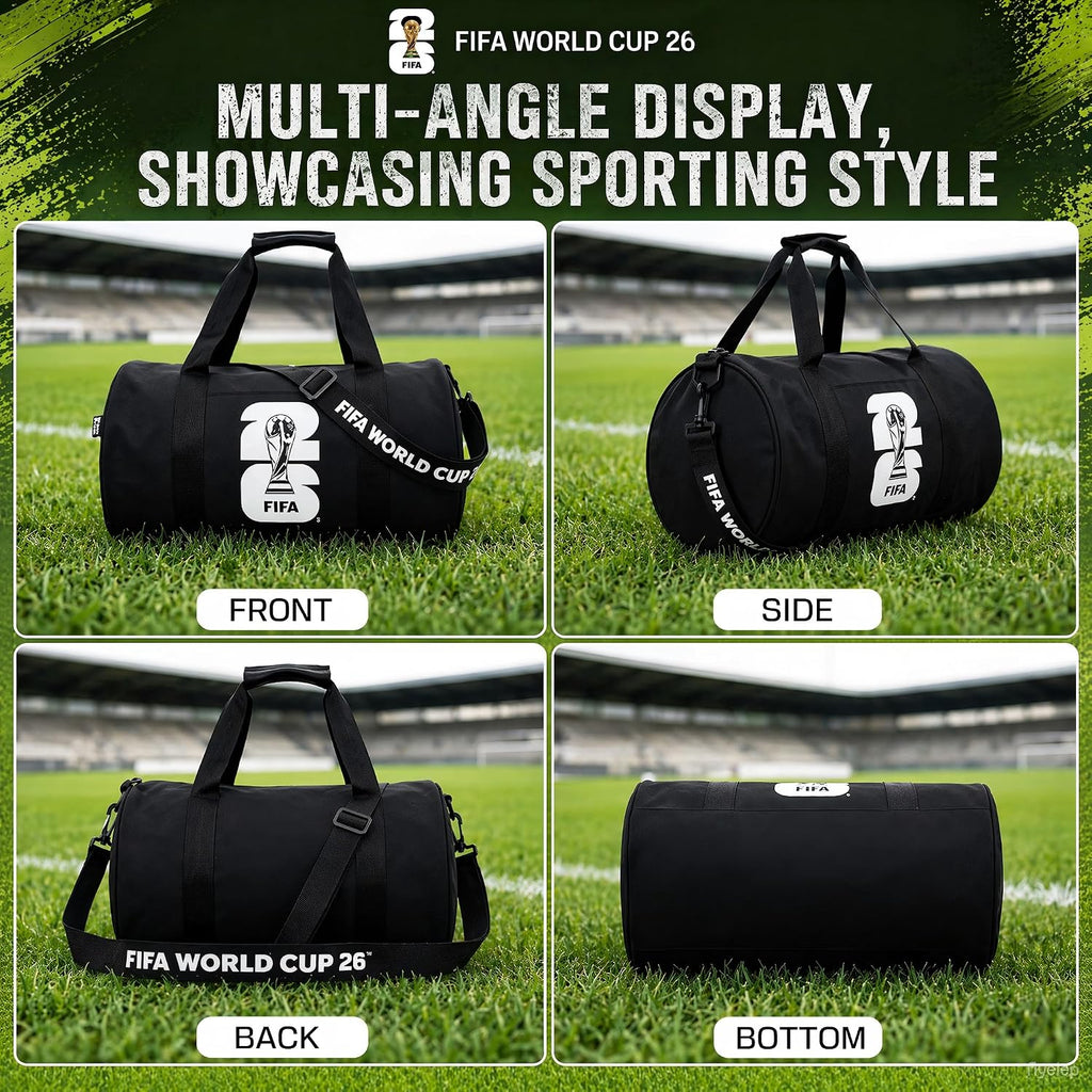 FIFA World Cup 2026 Officially Licensed Gym Bag for Men & Women, Duffle Bag for Travel/Sports/Workout, Multi-Compartment Sports Bag with Shoulder Strap, Durable, Black (World Cup Icon Design)