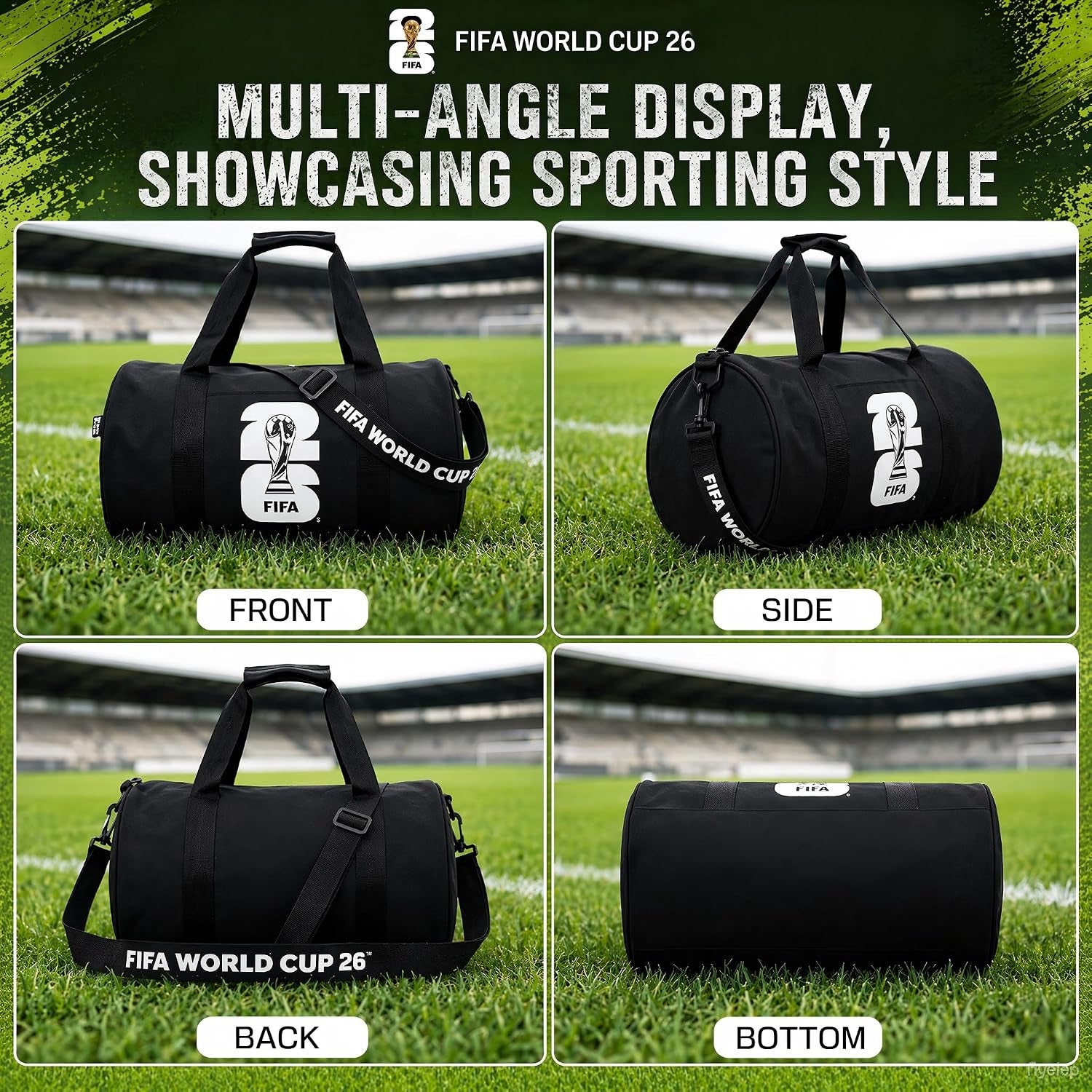 FIFA World Cup 2026 Officially Licensed Gym Bag for Men & Women, Duffle Bag for Travel/Sports/Workout, Multi-Compartment Sports Bag with Shoulder Strap, Durable, Black (World Cup Icon Design)