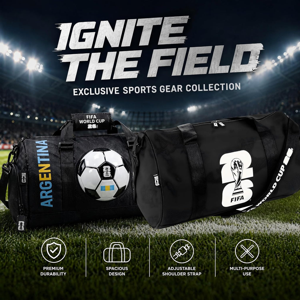 FIFA World Cup 2026 Officially Licensed Gym Bag for Men & Women, Duffle Bag for Travel/Sports/Workout, Multi-Compartment Sports Bag with Shoulder Strap, Durable, Black (World Cup Icon Design)