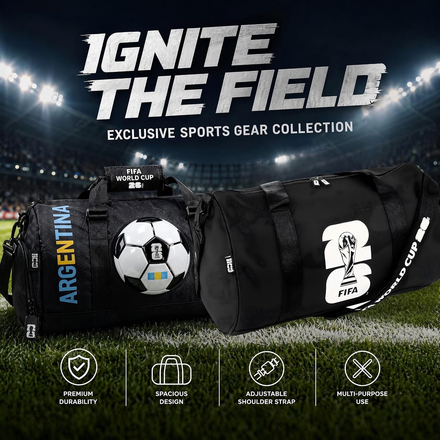 FIFA World Cup 2026 Officially Licensed Gym Bag for Men & Women, Duffle Bag for Travel/Sports/Workout, Multi-Compartment Sports Bag with Shoulder Strap, Durable, Black (World Cup Icon Design)