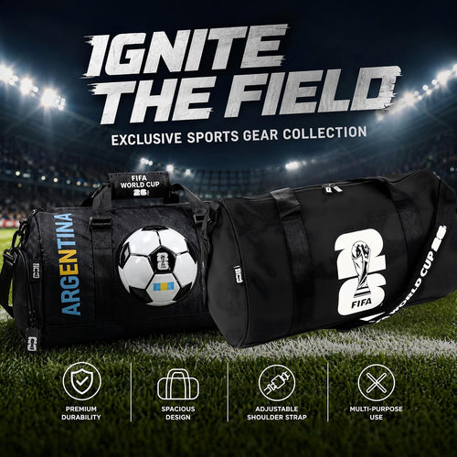 FIFA World Cup 2026 Officially Licensed Gym Bag for Men & Women, Duffle Bag for Travel/Sports/Workout, Multi-Compartment Sports Bag with Shoulder Strap, Durable, Black (World Cup Icon Design)
