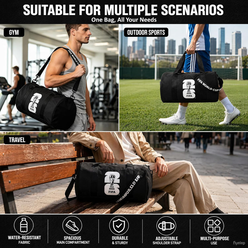 FIFA World Cup 2026 Officially Licensed Gym Bag for Men & Women, Duffle Bag for Travel/Sports/Workout, Multi-Compartment Sports Bag with Shoulder Strap, Durable, Black (World Cup Icon Design)
