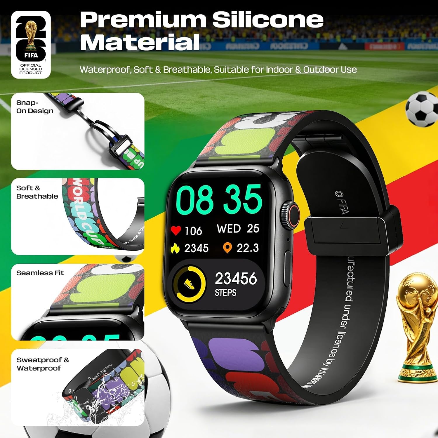 FIFA World Cup Magnetic 2026 Silicone Band Compatible Witch Apple Watch Bands 38Mm 40Mm 41Mm 42Mm 44Mm 45Mm 46Mm 49Mm Women Men, Soft Black Sport Replacement Strap for Iwatch Series