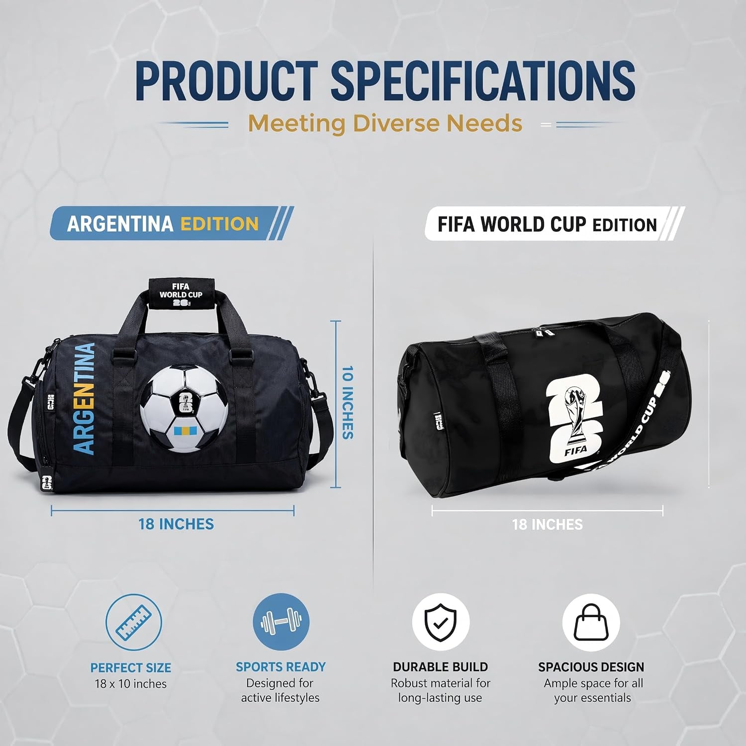 FIFA World Cup 2026 Officially Licensed Gym Bag for Men & Women, Duffle Bag for Travel/Sports/Workout, Multi-Compartment Sports Bag with Shoulder Strap, Durable, Black (World Cup Icon Design)