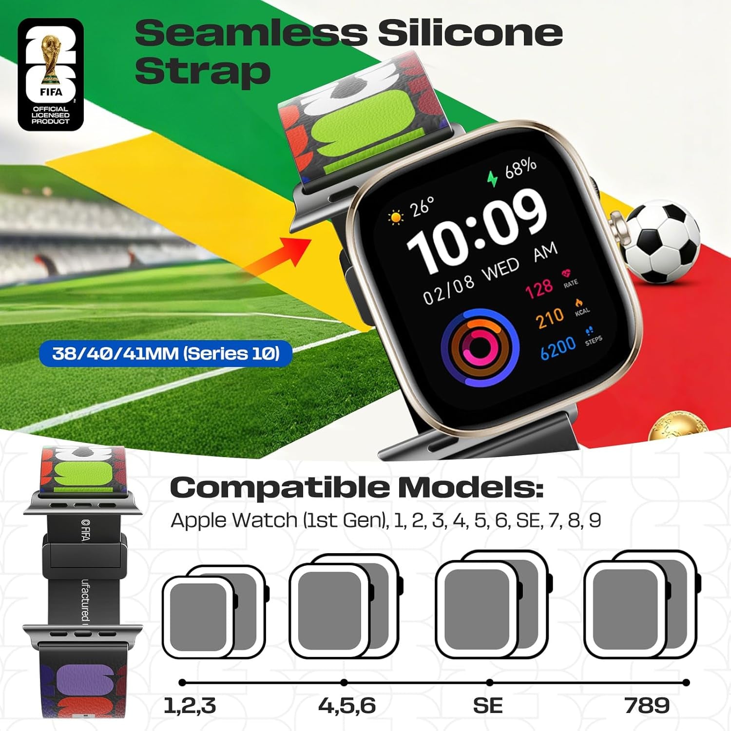 FIFA World Cup Magnetic 2026 Silicone Band Compatible Witch Apple Watch Bands 38Mm 40Mm 41Mm 42Mm 44Mm 45Mm 46Mm 49Mm Women Men, Soft Black Sport Replacement Strap for Iwatch Series