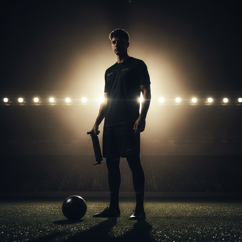 Soccer player in black kit on turf holding Tekkerz Smart Ball Pump - FLAIR style lifestyle shot
