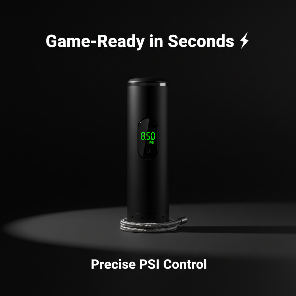Tekkerz Smart Ball Pump tech highlight - dark background with Precise PSI Control text overlay